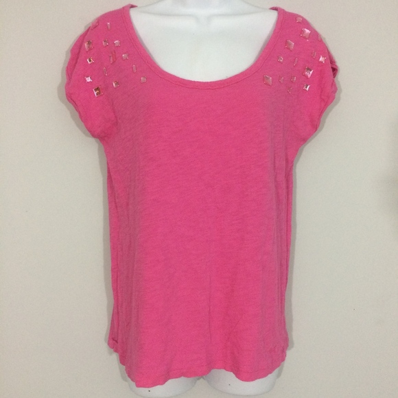 PINK Victoria's Secret Tops - PINK Victorias Secret Top XS Pink Jeweled Scoop Neck Short Sleeve 100% Cotton
